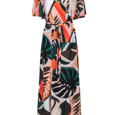 Hutch - Multicolor Leaf Print Short Sleeve Wrap Maxi Dress Sz 1X