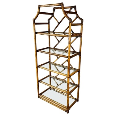 Coastal Rattan Bamboo Chippendale Glass Shelf Etagere 