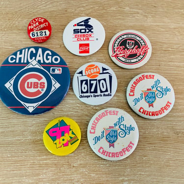 Vintage Chicago Pinback Button Collection Cubs, Sox, Beer, Radio - 8 Button Lot 