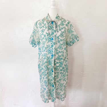 50s Cream and Blue Floral Nylon House Dress Robe Nightgown | Large/Extra Large 