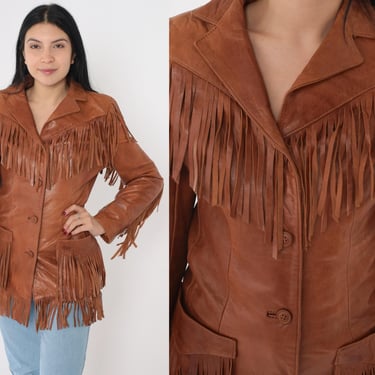 Vintage Fringe Leather Jacket 80s Brown Southwestern Jacket Boho 1980s Biker Western Cowgirl Coat Bohemian Hippie Extra Small xs 