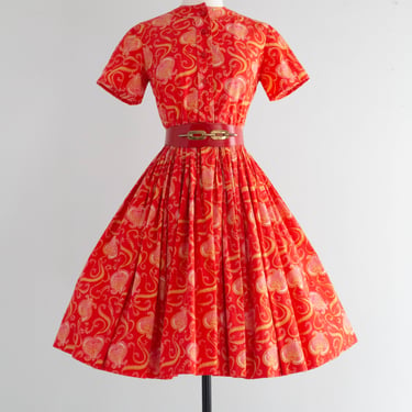 Adorable 1950's Red Cotton Day Dress With Love Hearts / Medium