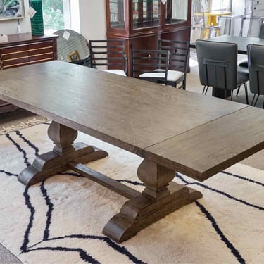 Arhaus 'Kensington' Weathered Oak Trestle Double Pedestal  Dining Table