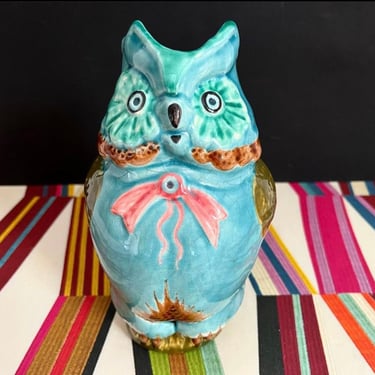 Midcentury French Majolica Owl Pitcher 