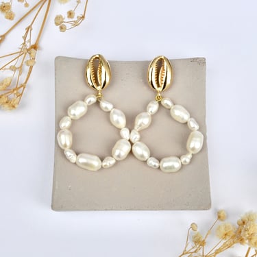 Cowrie Shell Pearl Hoops 