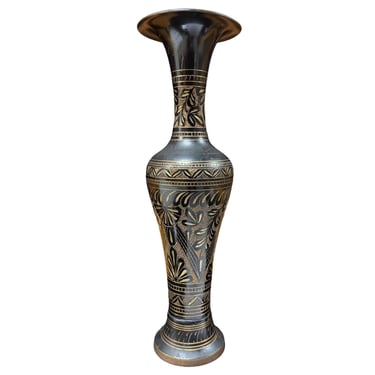 Indian Hand Etched Black Cloisonne Brass Floral Vase 