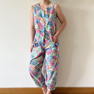 vintage jumpsuit vintage rompers floral cotton pastel pleated button down red blue yellow 80s retro vintage style boho 70s size S 