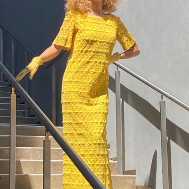 Vintage crocheted dress, yellow maxi dress, full length long maxi bombshell dress size small 