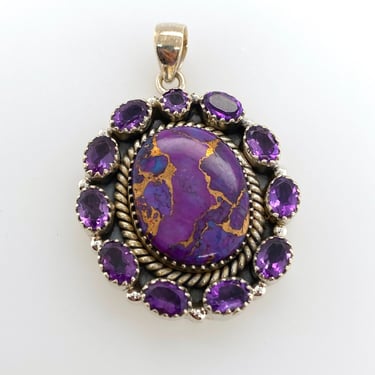 Artisan Purple Copper Turquoise & Amethyst Sterling Silver Pendant Necklace 