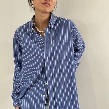 90s blue pinstripe shirt / vintage indigo blue striped pinstripe cotton blend lightweight oversized boyfriend shirt blouse | X Large 