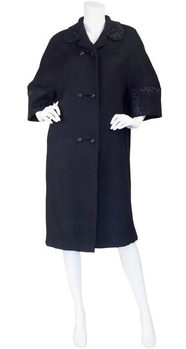 1950s Vintage Women's "Styled by David" Satin Trim Black Wool Coat 