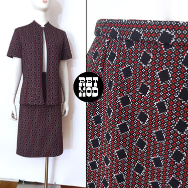 Fab Vintage 60s 70s Black Red Square Patterned Two-Piece Skirt Set 