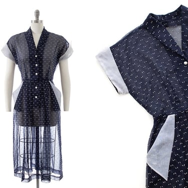 Vintage 1950s Shirt Dress | 50s Flocked Sheer Nylon Navy Blue Fit and Flare Shirtwaist Day Dress with Pockets (medium) 