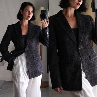 GIORGIO ARMANI Black Label Silk Crinkle Tissue Textured Longline Blazer w/ Gunmetal Snap Buttons | Made in Italy | Y2K 2000s Designer Jacket 