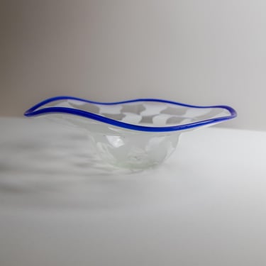 Vintage Murano glass bowl - check pattern, blue wavy edge - Mid Century Design Italy 1990s - elegant table decoration, gift classy 