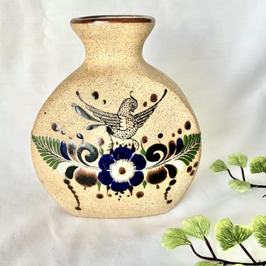 Mexican Pottery Vase, Dove, Butterfly Hand Painted, Mexico, Signed Vintage 