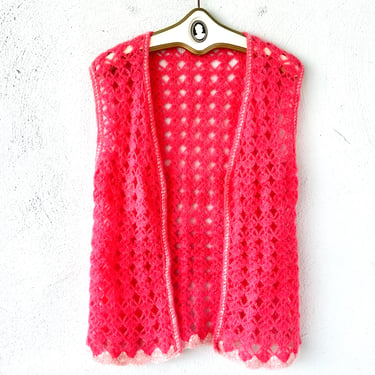 Vintage 70s Crochet Fuzzy Vest Top Bright Pink 1970s Knit Sweater 