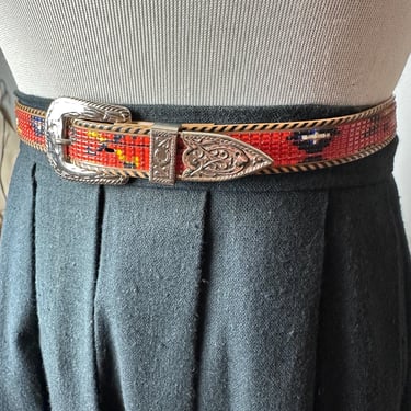 Vintage Native American inspired belt~ 60’s tourism novelty plastic belt ~ faux beaded silver tone buckle southwestern vibes XXS- Child’s 