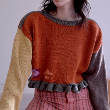 patchwork cotton cropped colorblock sweater 
