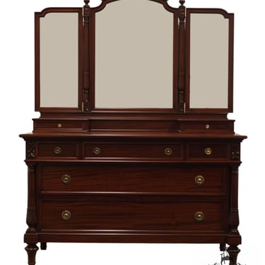 VINTAGE ANTIQUE Solid Mahogany Traditional English Imperial 54" Dresser w. Glove Boxes and Tri-Fold Mirror 
