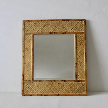 Mid Century Italian Style Bamboo Woven Rattan Beveled Glass Rectangular Wall Mirror 