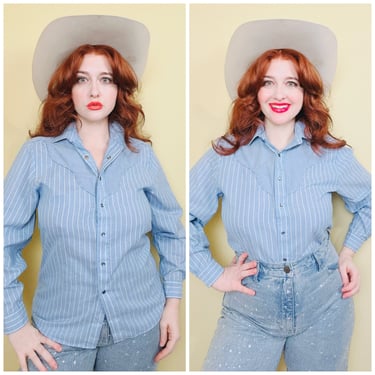 1980s Vintage Cameo Rose Light Blue Striped Blouse / 80s Poly Cotton Striped Pearl Snap western Shirt / Size Medium - Large 