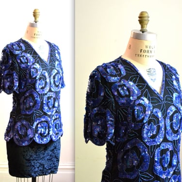 Vintage Sequin Shirt Top Black and Blue Sequin shirt Size Medium// 80s 90s Vintage Sequin Shirt in Black and Blue Art Deco Flapper Inspired 