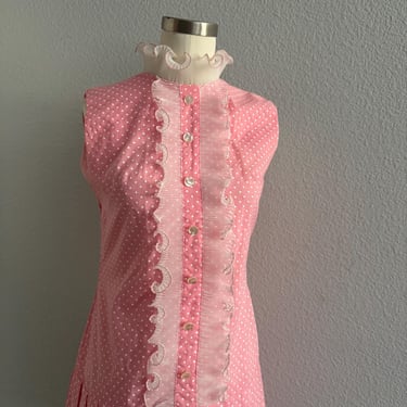Vintage 60s Feminine Pastel Polka Dot Tank Dress Ruffle Detail and Mandarin Collar; 60s Chiffon Hostess Dress; 60s Spring Polka Dot Shift M 