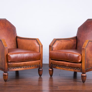 1930s Parisian French Art Deco Oak and Leather Club Chairs - A Pair 