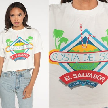 El Salvador Crop Top 90s Cropped T-Shirt Costa Del Sol Beach Graphic Tee Retro Surfer Summer Central America White Vintage 00s Small Medium 