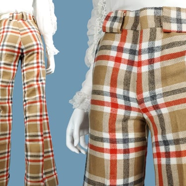 Deadstock cuffed plaid pants from the 70s. WIDE legs earthy  vibrant in neutrals & tangerine orange. Groovy vintage! (Modern 0/2 XS slim) 
