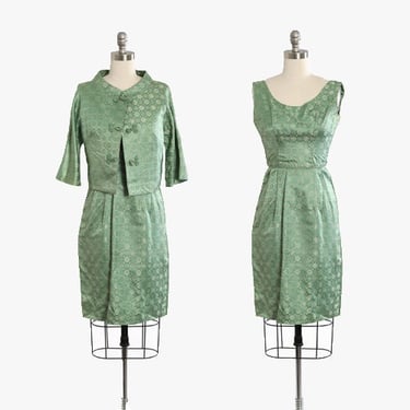 Vintage 60s green floral blue silk brocade dress | 1960s 2pc brocade dress suit jacket 