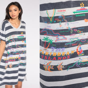 Caribbean Islands T Shirt Dress 90s Striped TShirt Minidress Tropical Fish Sailboat Palm Tree Print Summer Beach Cover Up Small Medium Large 