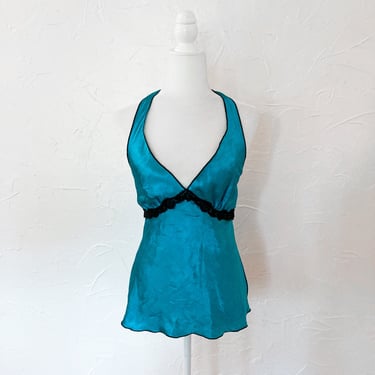 Y2K 2000s Textured Turquoise Satin and Black Lace Halter Top | Medium 