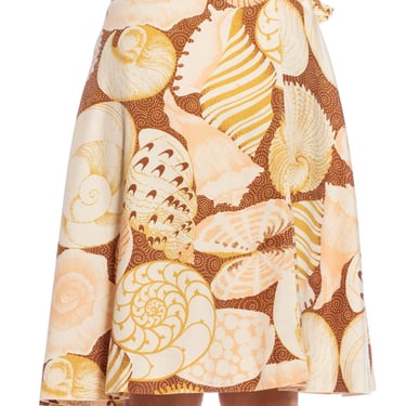 1970S Beige Cotton Seashell Printed Wrap Skirt 