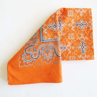 Vintage Orange Bandana - Paisley Floral Orange Kerchief - 70s Cotton Bandana Scarf - Western Cowboy Bandana 