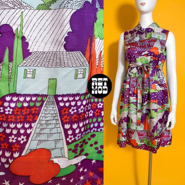 RARE Vintage 60s 70s Landscape Galaxy Novelty Print Mod Mini Babydoll Dress 