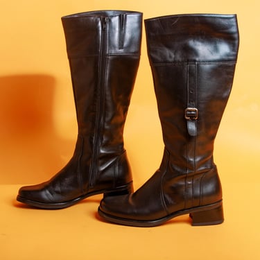 90s Black Leather Zipper Riding Boots Vintage Tall Buckle Square Heel Boots 