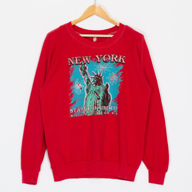 Large 90s New York Statue Of Liberty Raglan Sweatshirt | Vintage Red Graphic NYC Tourist Crewneck 