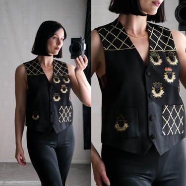 Vintage 80s Deep Black Gabardine Vest w/ Heavy Gold Embroidery & Beaded Masked Characters | Rayon Wool Blend | 1980s Gantos Designer Chic 