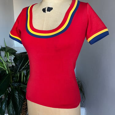 Super Cute Red Yellow and Blue 1970s Poly Cotton Shirt Unworn Small Medium Vintage 