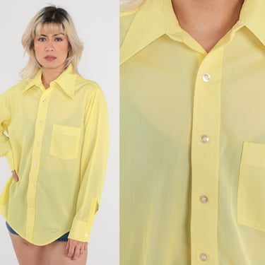 70s Button Up Shirt Sheer Yellow Shirt Button Up Disco Dagger Collar Pocket Shirt 1970s Long Sleeve Retro Plain Medium 15 1/2 33 