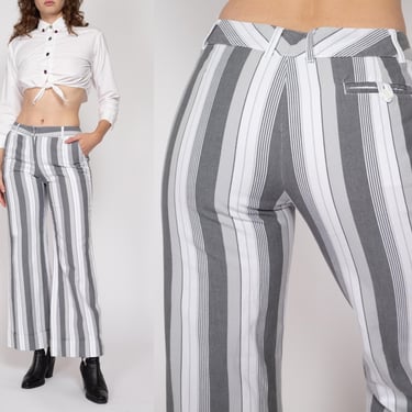 Small Y2K Grey & White Striped Flared Pants | Vintage Mid Rise Wide Leg Bell Bottom Trousers 