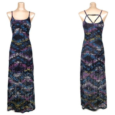 VINTAGE 90s Y2K Digital Print Stretch Mesh Maxi Dress With Strappy Back | 1990s Layered Mesh Grunge Cocktail Party Dress Rave Club Kid | VFG 