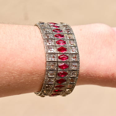 French Art Deco Sterling Silver Ruby Paste Bracelet, Wide Articulated Link Cuff, Estate Jewelry, 6 3/4" L 