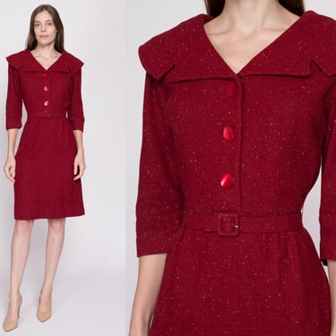 Medium 50s 60s Red Tweed Sailor Collar Dress | Retro Vintage Belted 3/4 Sleeve Button Up Knee Length Dress 