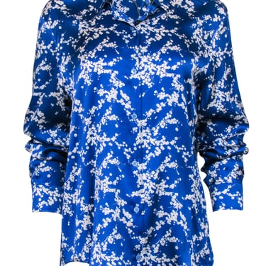Tucker - Cobalt Blue Floral Print Long Sleeve Silk Blouse Sz M