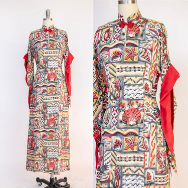 1940s Dress Pake Muu Lauhala Hawaii Rayon Gown 50s S 