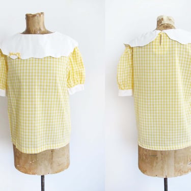 Vintage 60s Yellow Gingham Plaid Kawaii Blouse S - Puff Sleeve Bib Top - Cute Pastel Balloon Sleeve Shirt 