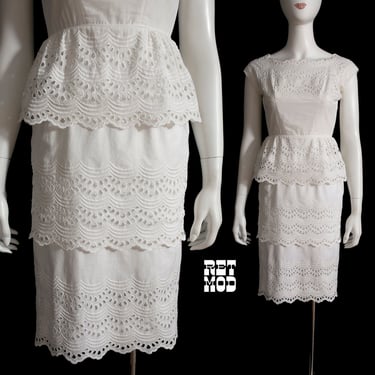 Sweet Vintage 50s 60s White Embroidered Lace Tiered Hourglass Dress 